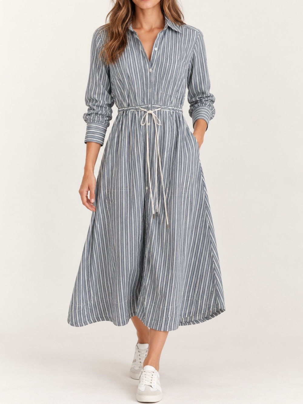 Rails Shivonne Midi Dress in Bank Stripe Shirtdress Long Sleeve Collared XS $275